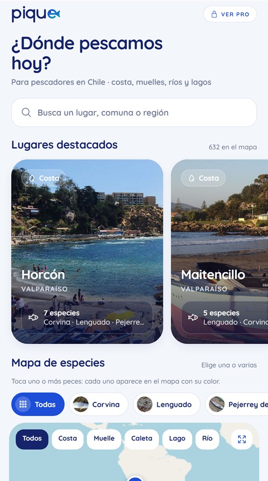 Inicio de la app Pique, con tarjetas de Horcón y Maitencillo y filtro de especies